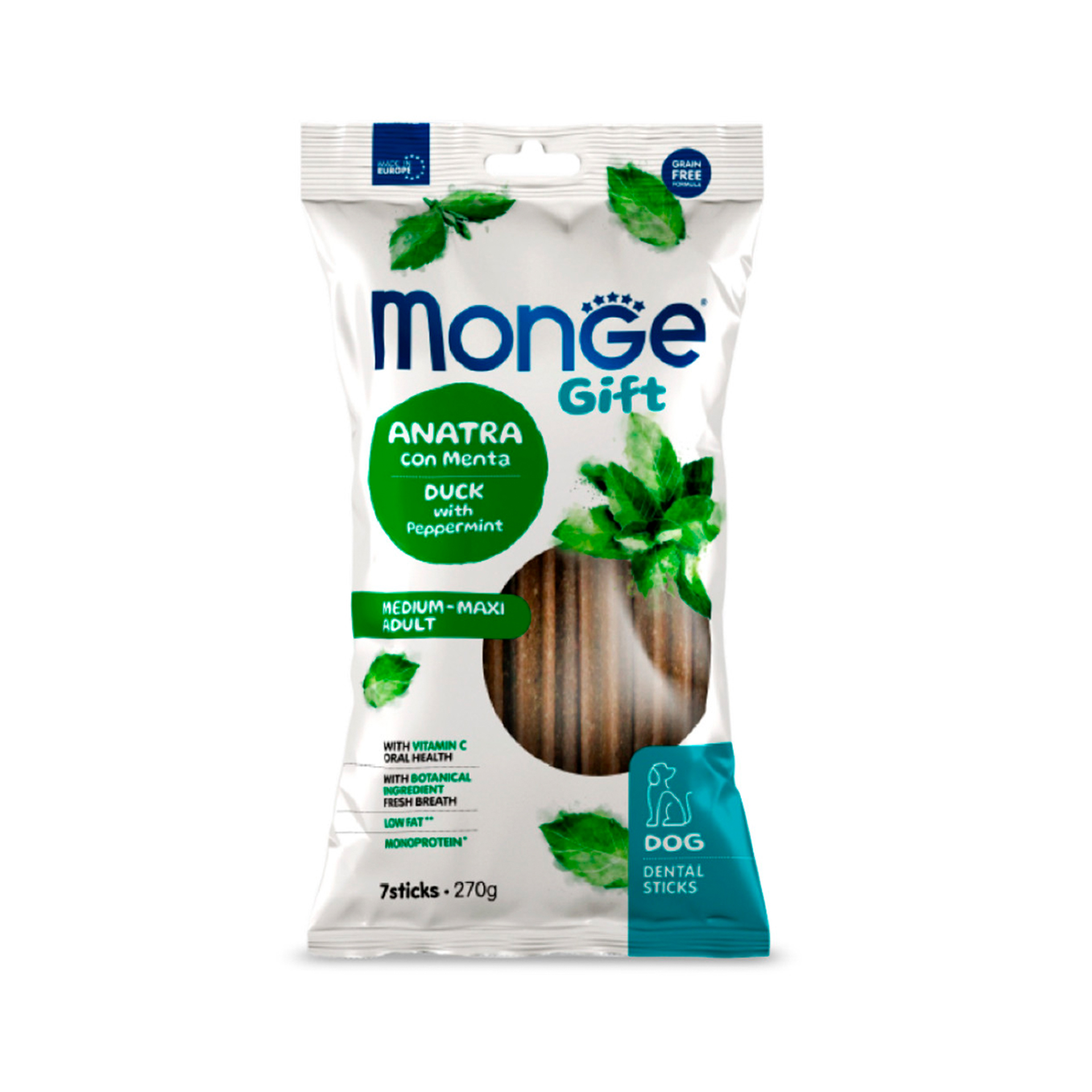 STICKS MONGE GIFT DENTAL MEDIUM/MAXI PATO/MENTA - 270GR