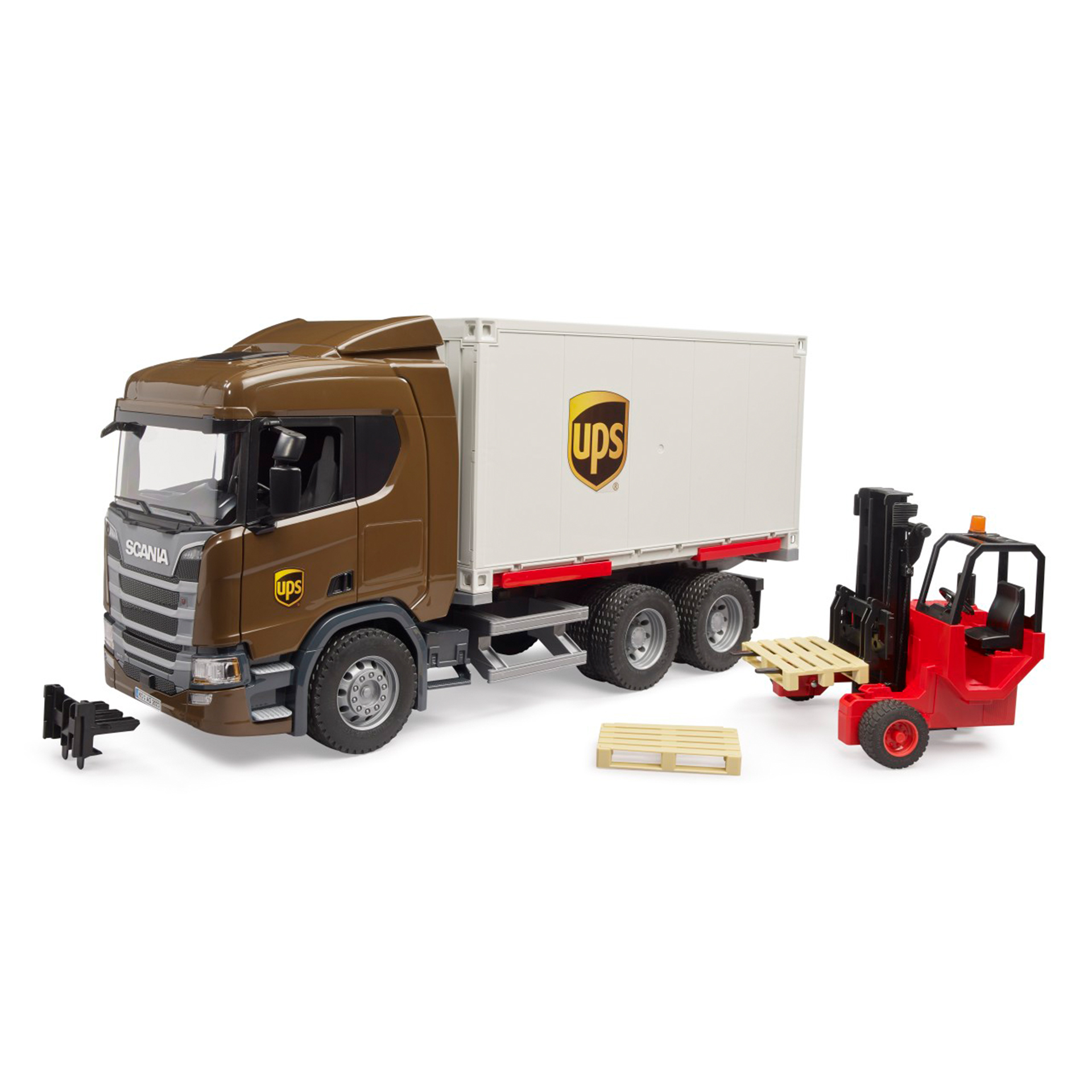 BRUDER CAMIAO LOGISTICO SCANIA UPS C/ EMPILHADOR